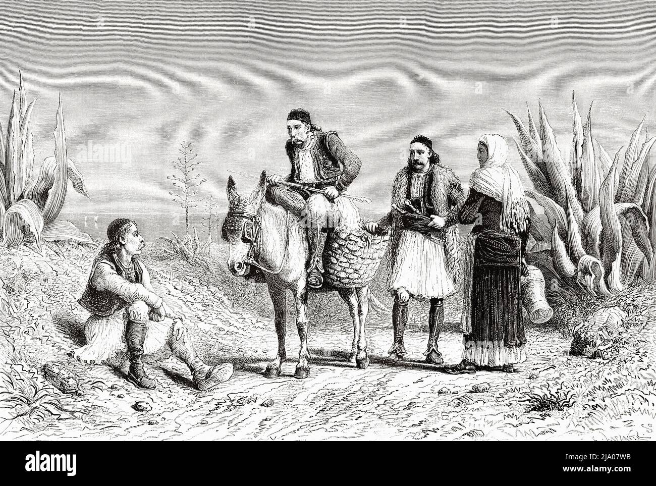 Contadini greci sulla strada per Messinia, Peloponneso, Grecia. Europa. Viaggio in Grecia, 1861-1868-1874, di Henri Belle. Le Tour du Monde 1879 Foto Stock