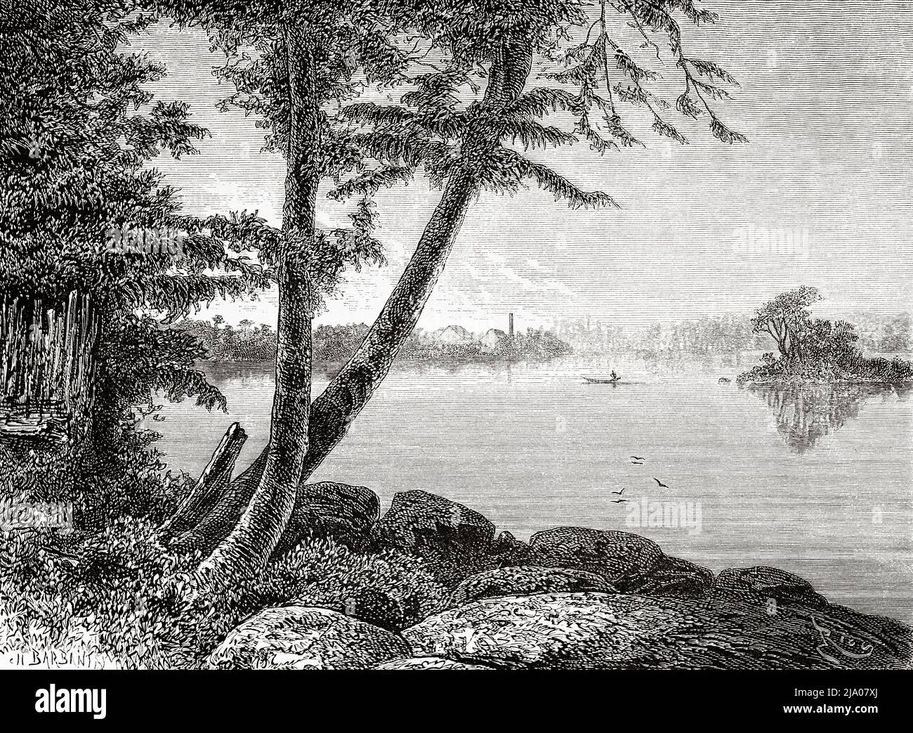 Fiume Maroni vicino al penitenziario di Saint-Laurent, Saint Laurent du Maroni, Guyana francese, Dipartimento di Francia, Sud America. Viaggio di esplorazione all'interno delle Guianas 1877 di Jules Crevaux. Le Tour du Monde 1879 Foto Stock