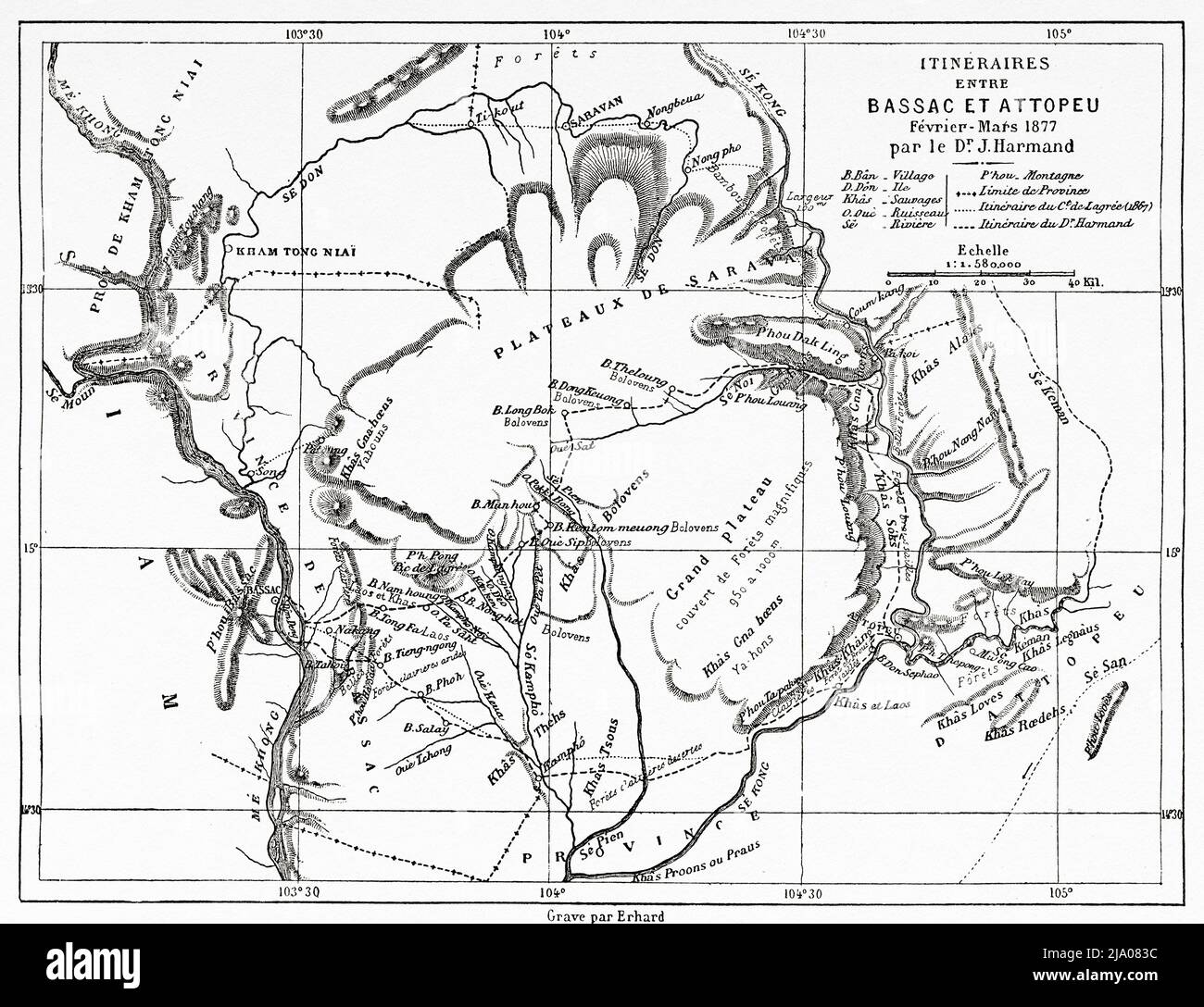 Mappa dell'itinerario del viaggio tra Champasak e Attapeu. Laos. Sud-est asiatico. Laos e le popolazioni selvagge di Indo-Cina dal Dott. Harmand 1877 Foto Stock