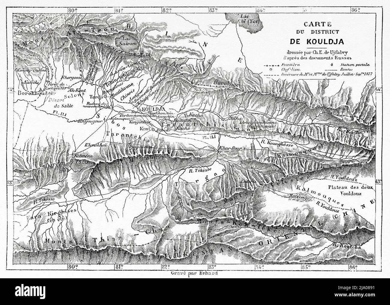 Vecchia mappa del quartiere di Kuldja. Yining, parte nordoccidentale dello Xinjiang nella Repubblica popolare Cinese, Asia Centrale. Da Orenburg a Samarcanda 1876-1878 di Madame Marie Ujfalvy-Bourdon, le Tour du Monde 1879 Foto Stock