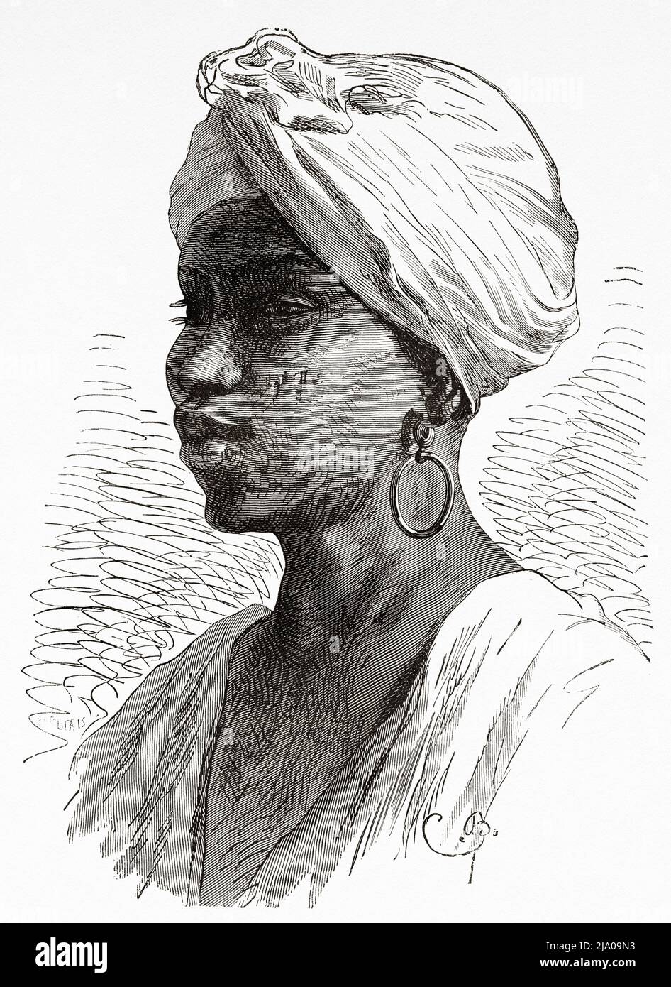 Giovane schiavo nero in abito tradizionale, Marocco. Nord dell'Africa. Marocco di Edmondo de Amicis 1875. Le Tour du Monde 1879 Foto Stock