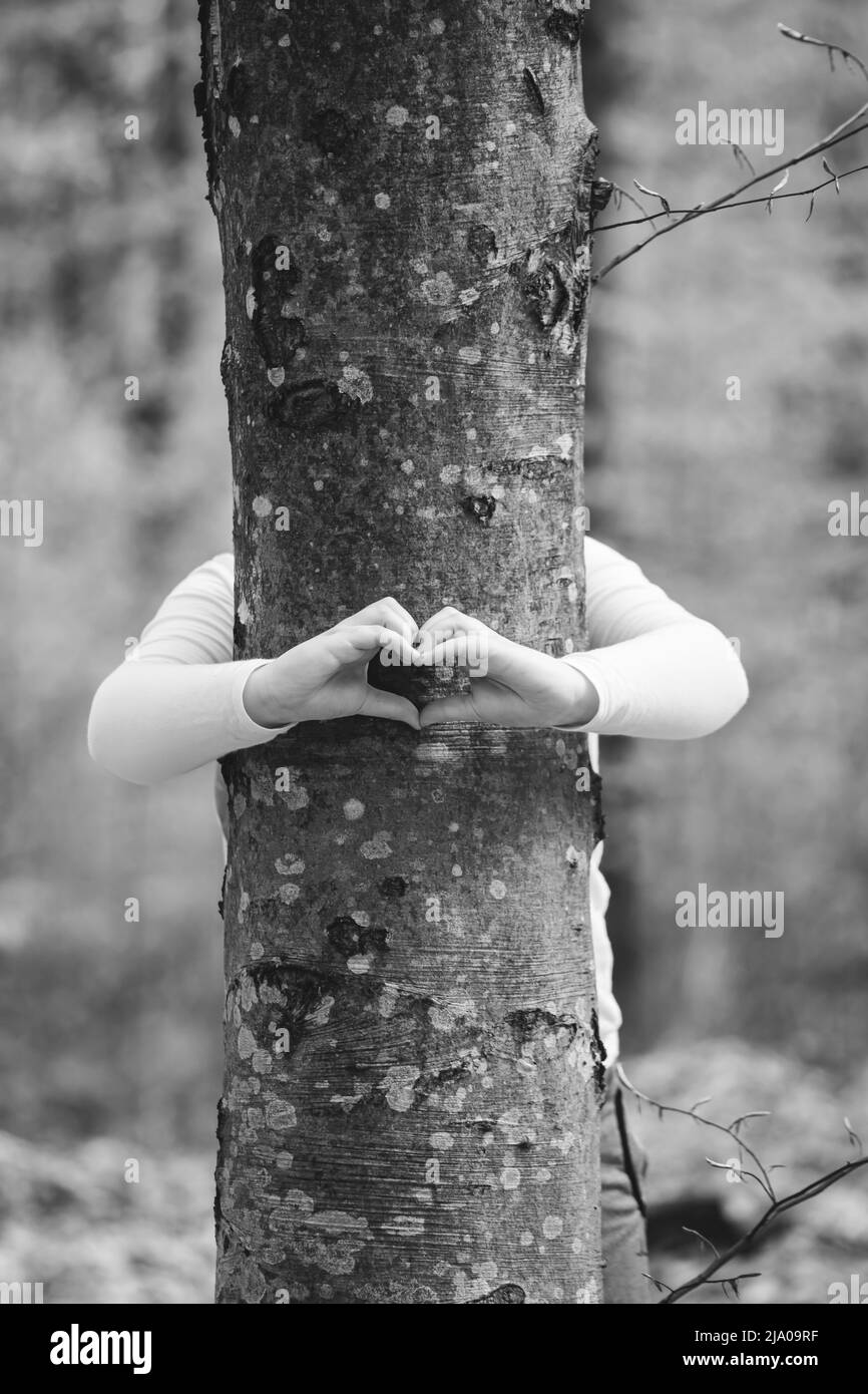 Le mani del bambino che fanno una forma del cuore su un tronco dell'albero. Abbracciare, proteggere il concetto di natura. Foto Stock