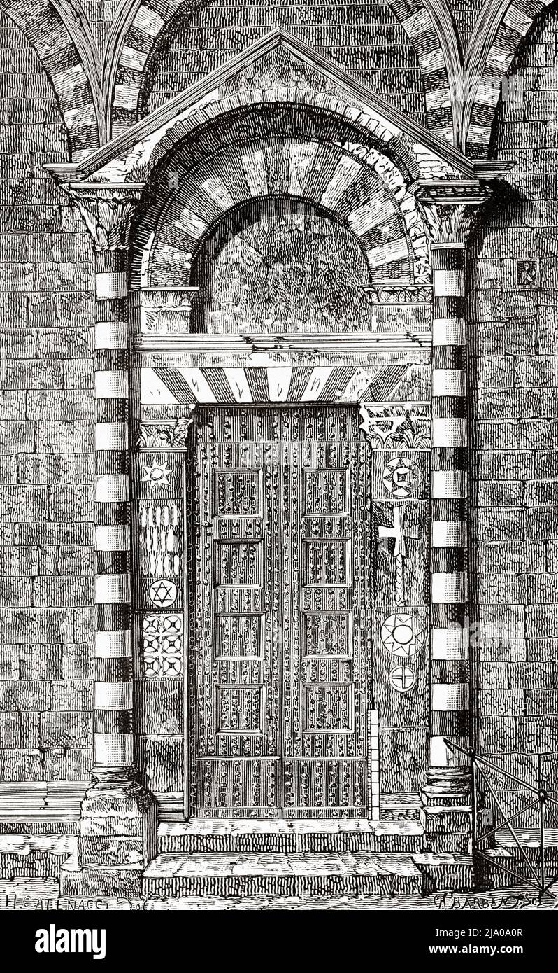 Porta laterale della Cattedrale di Santo Stefano a Prato, Toscana, Centro Italia. Europa. Città piccole e grandi Arti in Toscana di Henri Belle 1871. Le Tour du Monde 1879 Foto Stock Porta laterale della Cattedrale di Santo Stefano a Prato, Toscana, Centro Italia. Europa. Città piccole e grandi Arti in Toscana di Henri Belle 1871. Le Tour du Monde 1879 Foto Stock