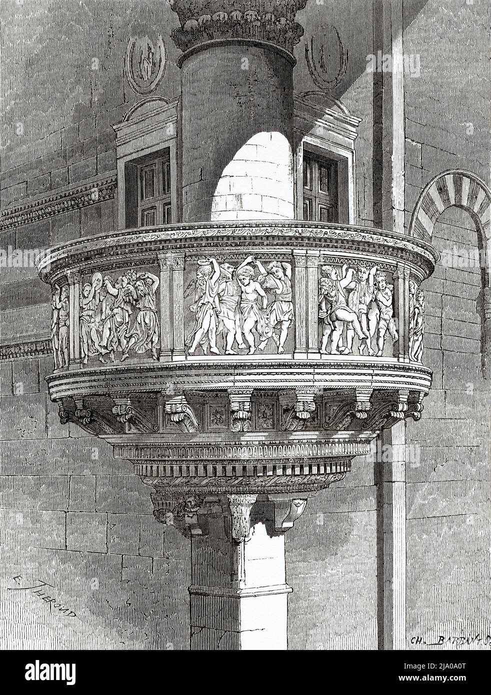 Opera scultorea pulpita di Donatello e Michelozzo. Cattedrale di Santo Stefano a Prato, Toscana, Centro Italia. Europa. Città piccole e grandi Arti in Toscana di Henri Belle 1871. Le Tour du Monde 1879 Foto Stock Opera scultorea pulpita di Donatello e Michelozzo. Cattedrale di Santo Stefano a Prato, Toscana, Centro Italia. Europa. Città piccole e grandi Arti in Toscana di Henri Belle 1871. Le Tour du Monde 1879 Foto Stock