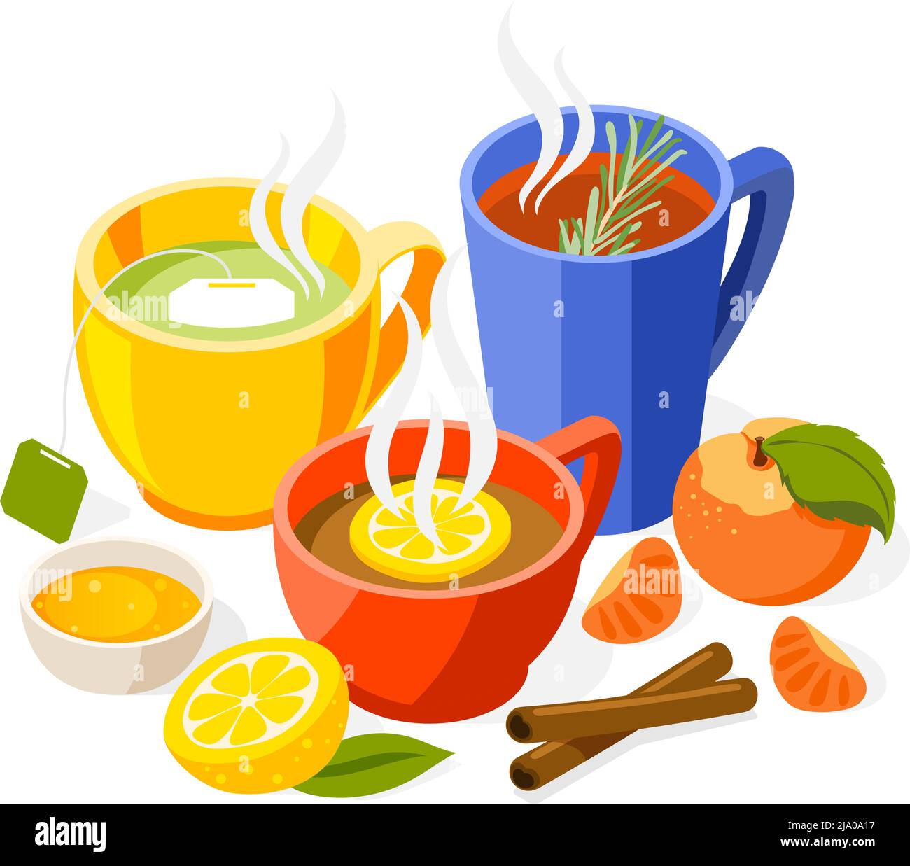 Rafforzare l'immunità composizione isometrica tè con spezie citrus e tè verde illustrazione vettore Illustrazione Vettoriale