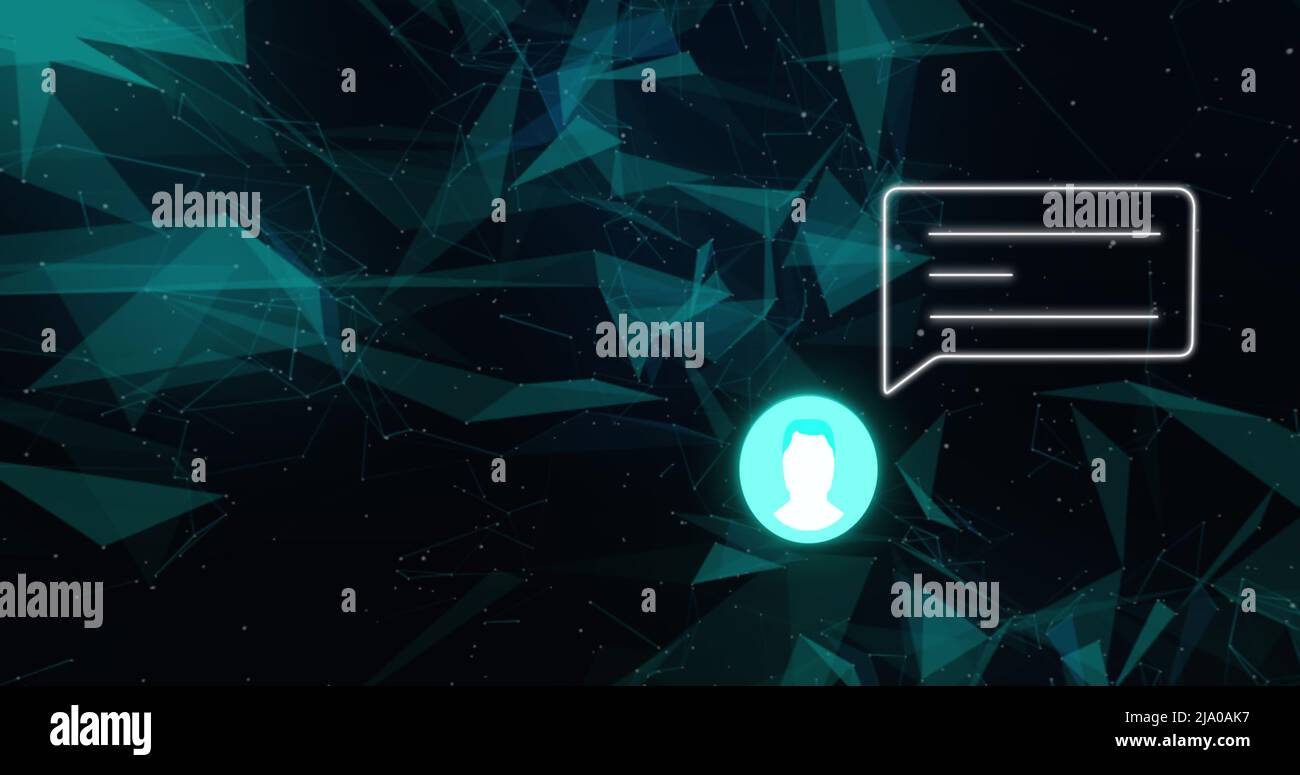 Immagine di forme verdi e avvisi sui social media con l'icona dell'utente su sfondo nero Foto Stock