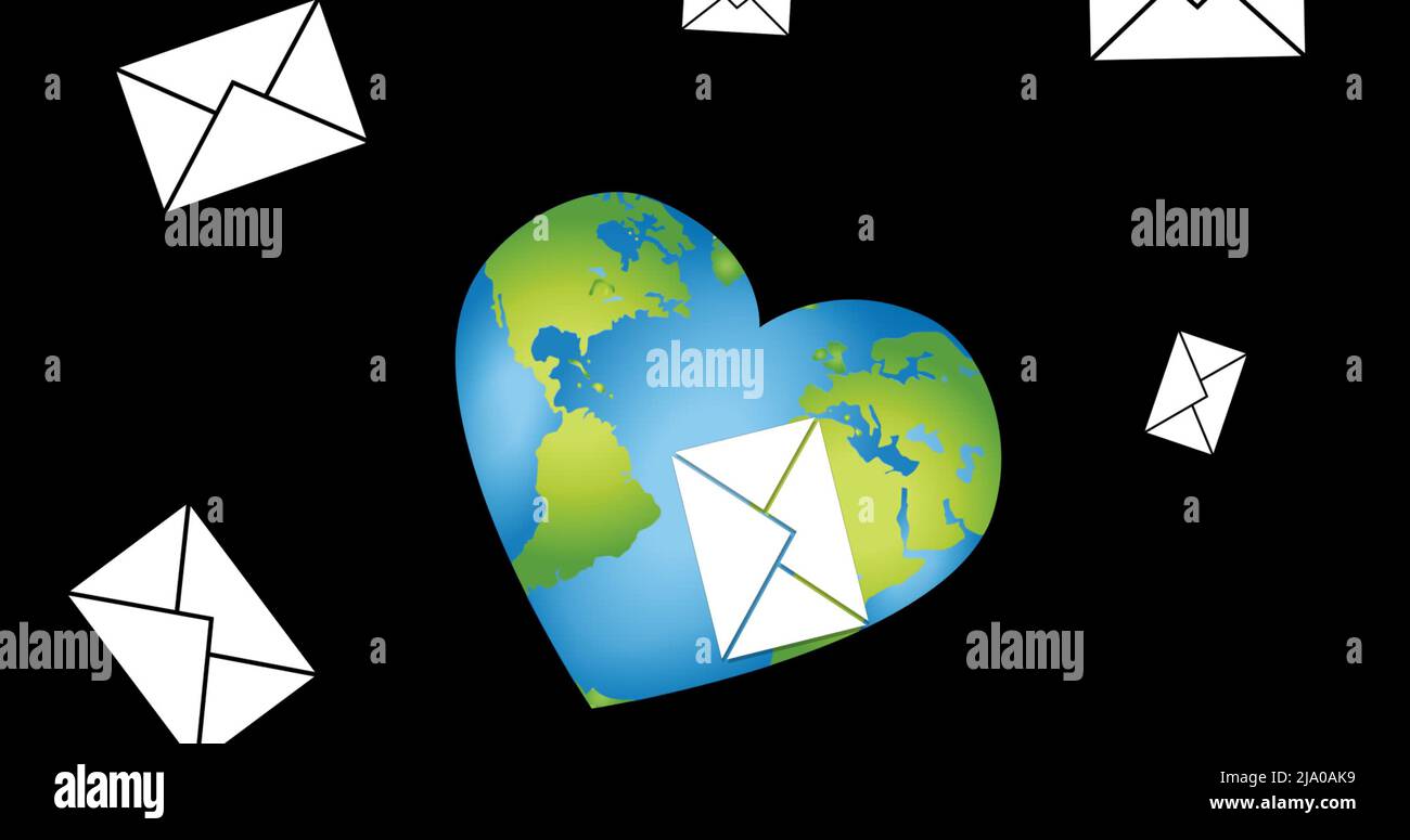Immagine delle e-mail che fluttuano su un globo a forma di cuore su sfondo nero Foto Stock