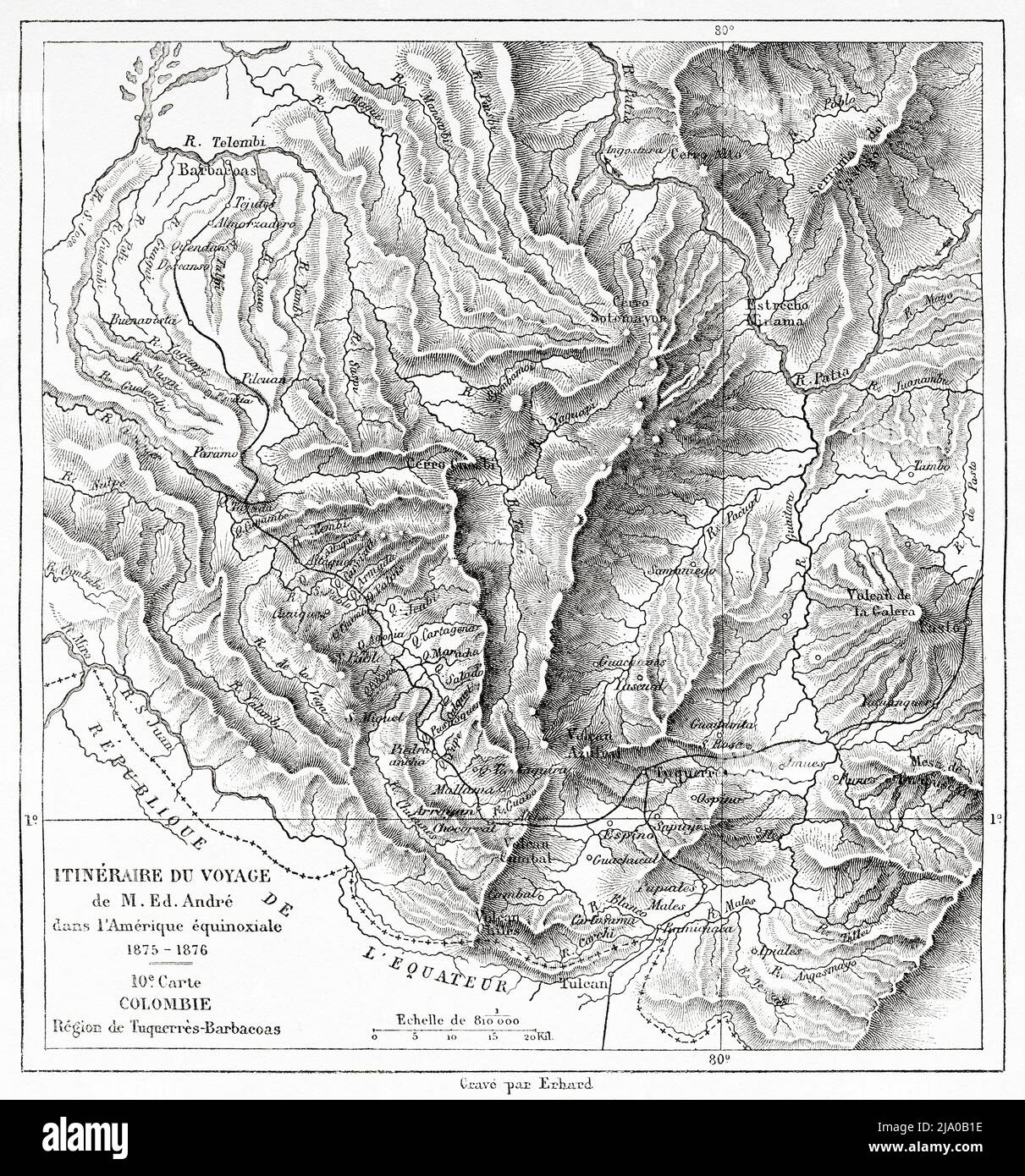 Da Túquerres a Barbacoas, Dipartimento di Nariño. Colombia, Sud America. Mappa dell'itinerario di viaggio attraverso l'America equinoziale 1875-1876 di Edward Francois Andre. Le Tour du Monde 1879 Foto Stock