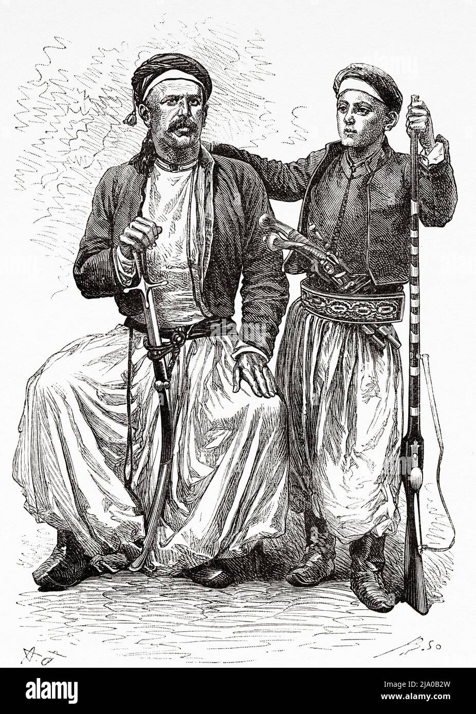 Padre e figlio arabi vestiti con abiti tipici e tradizionali dei Monti Nusayriyah. Siria, Medio Oriente. Il Nusayris di Léon Cahun 1878. Le Tour du Monde 1879 Foto Stock