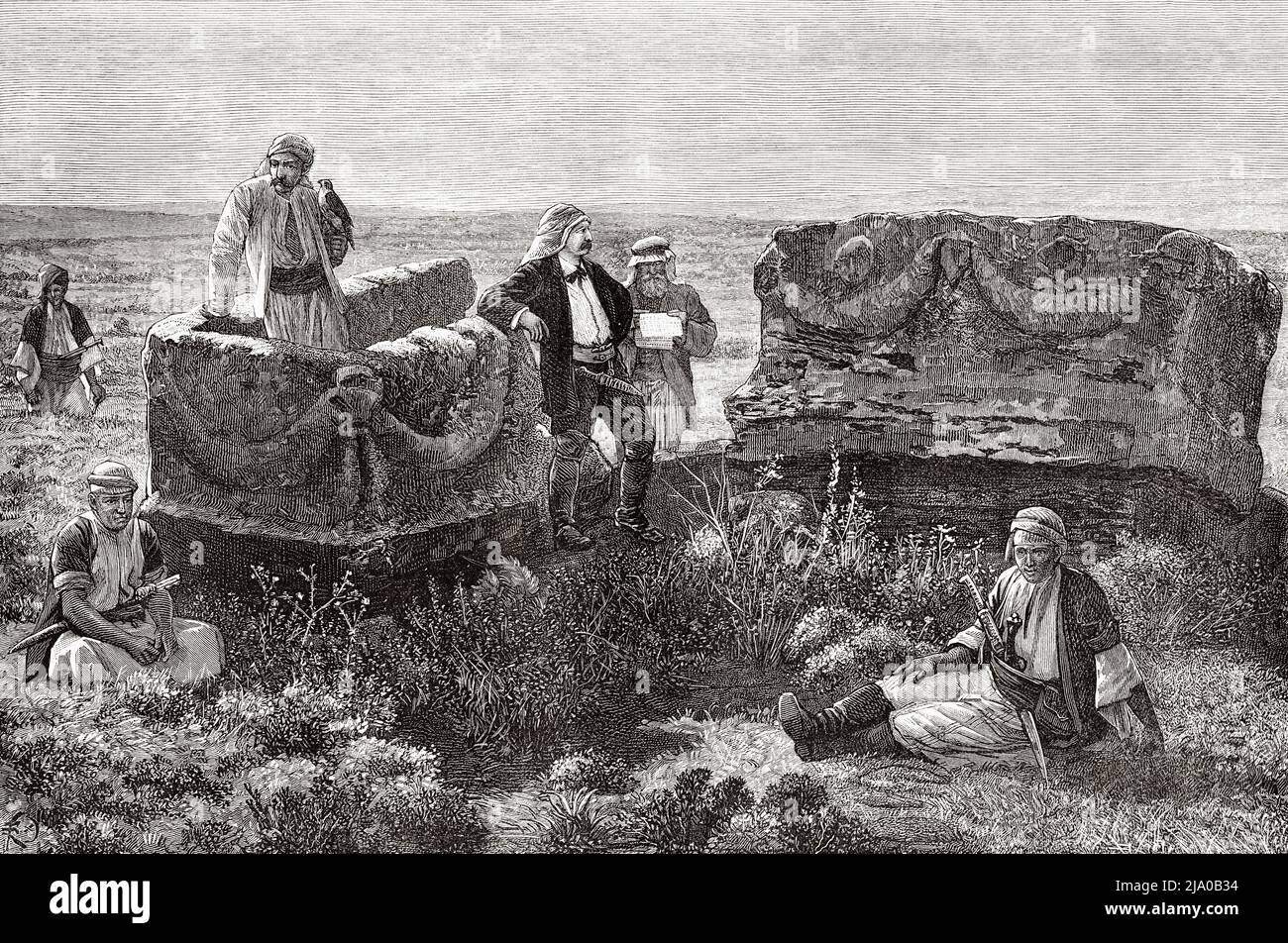 Sarcofagi chiamato Kabr el Yahoudy o Tomba degli ebrei intorno alla Latakia. Siria, Medio Oriente. Il Nusayris di Léon Cahun 1878. Le Tour du Monde 1879 Foto Stock