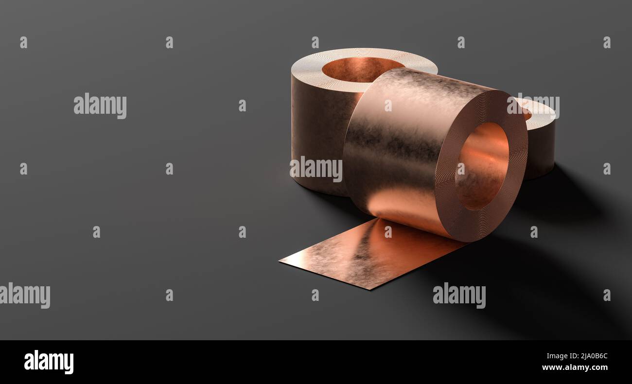 Lamiera di rame laminata isolata su sfondo scuro. Il foglio di rame viene tirato in un grande rotolo. 3D illustrazione. Foto Stock
