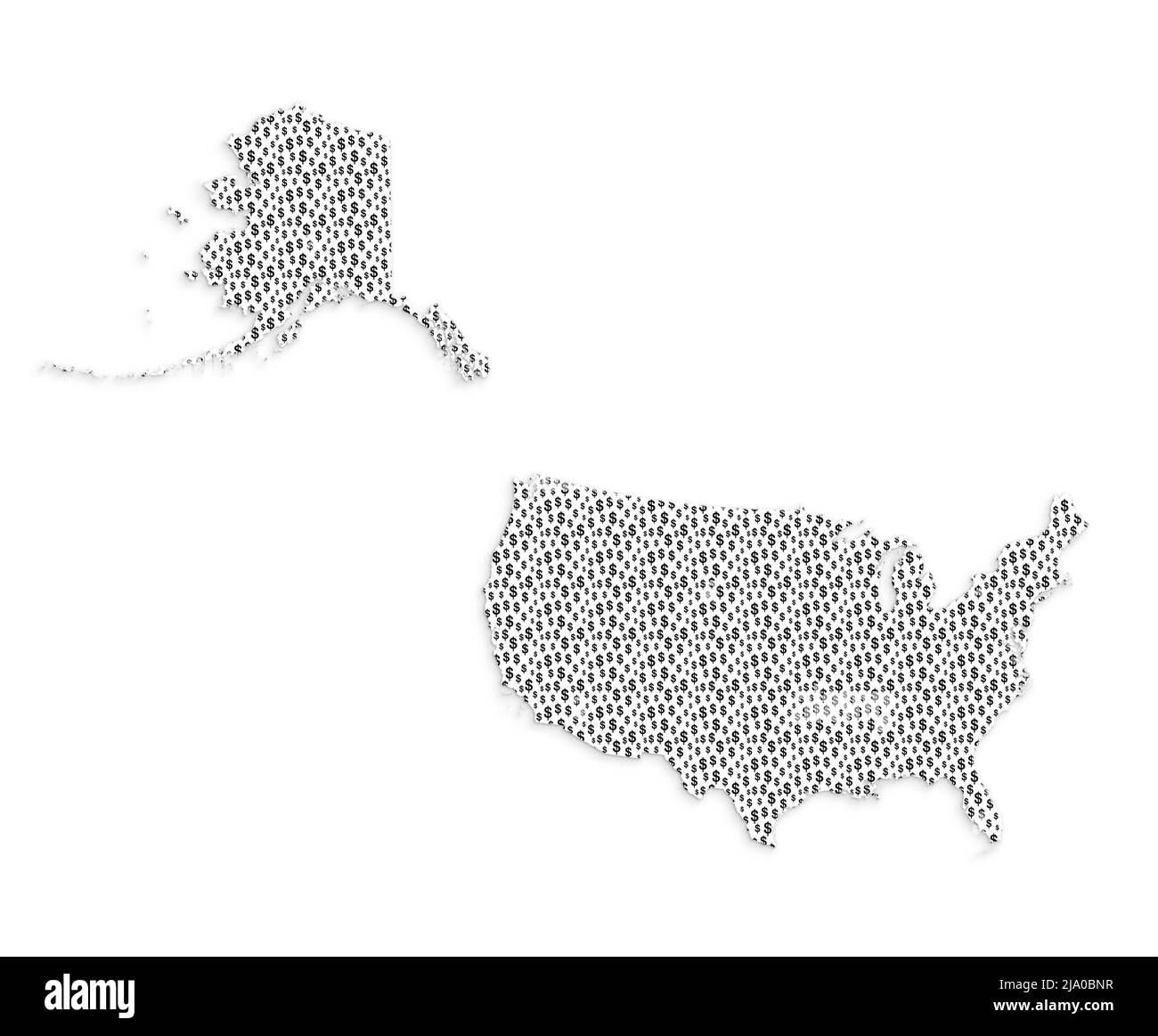 MAPPA DEGLI STATI UNITI (Stati Uniti d'America, USA) fatta di simboli del dollaro, effetto di taglio della carta. Illustrazione concettuale astratta su sfondo bianco. Foto Stock