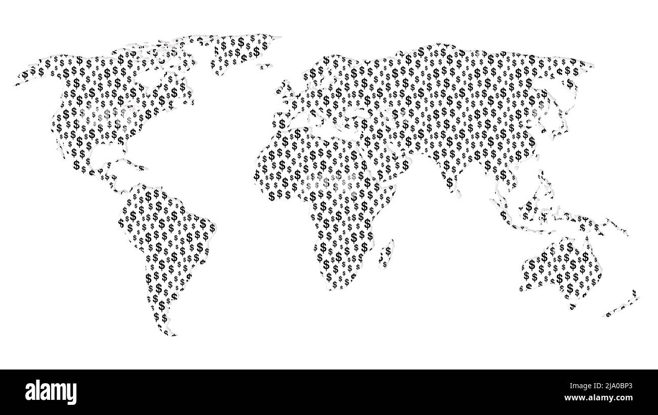 Mappa del mondo fatta di simboli del dollaro, carta effetto taglio. Illustrazione su sfondo bianco. Astratto concetto di illustrazione del potere del dollaro. Foto Stock