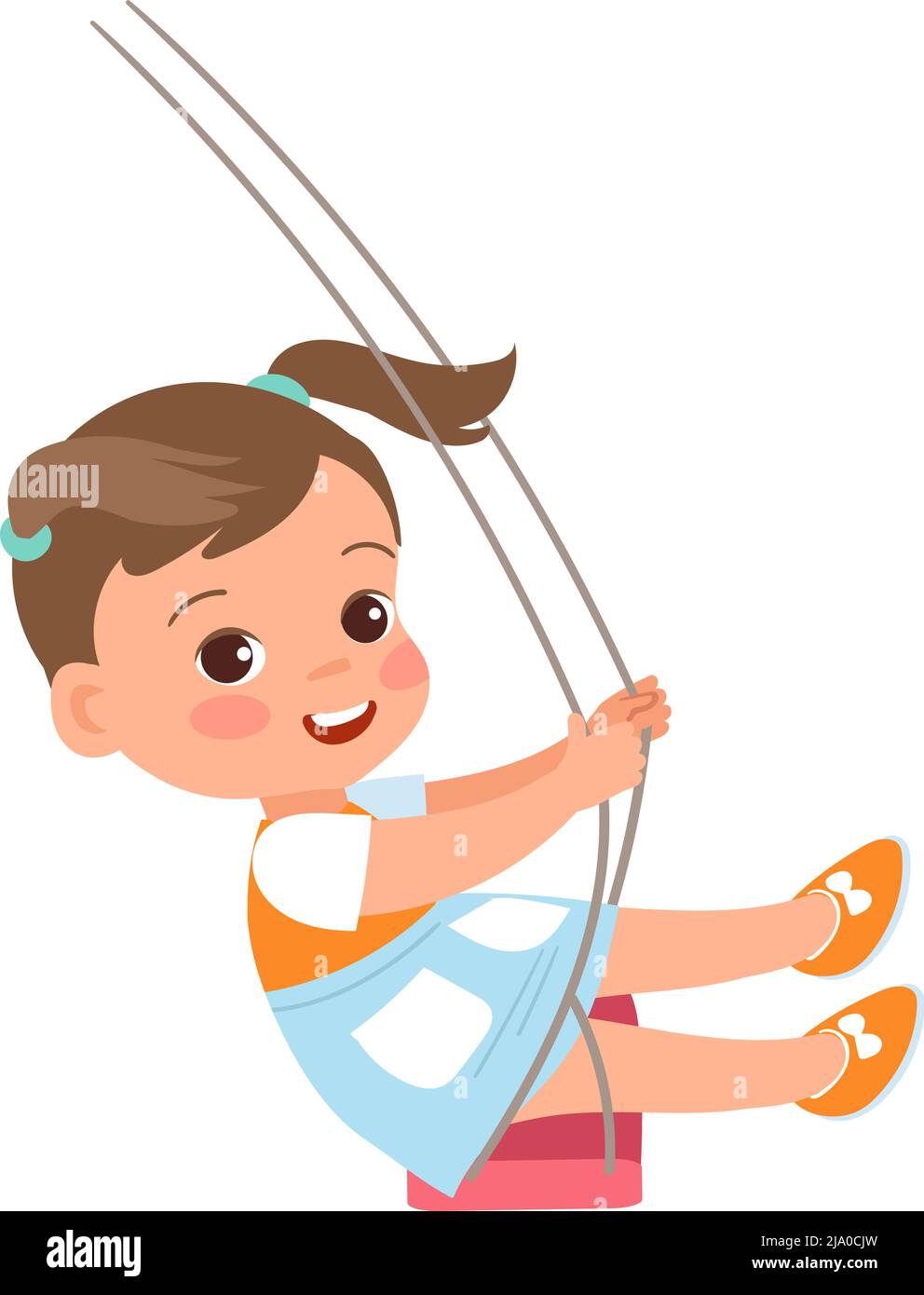 Bambino su corda swing. Ragazza oscillante. Parco ricreativo. Bambini in età prescolare che giocano nel parco giochi con attrazioni. Tempo libero all'aperto. Gioco attivo. Baby equitazione Illustrazione Vettoriale