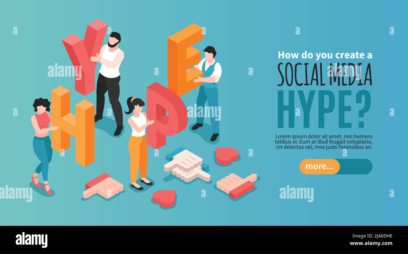 Banner hype orizzontale sui social media con caratteri umani contenenti lettere e gradisce l'illustrazione vettoriale isometrica 3d Illustrazione Vettoriale