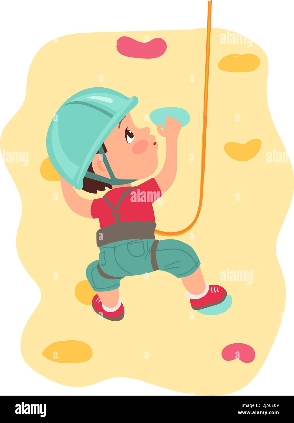 Arrampicata per bambini. Attività sportiva per bambini. Adolescenti che clambering rocce artificiali. Ragazzo che si aggrappa alle sporgenze. Hobby estremo. Pareti con proiezioni colorate Illustrazione Vettoriale