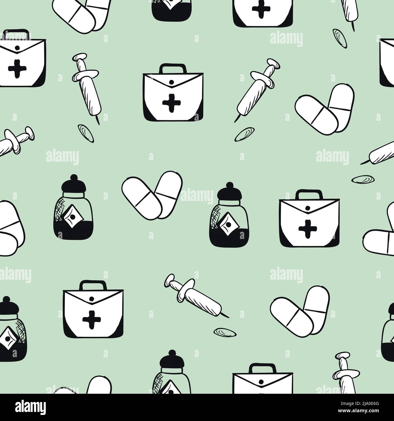 Medicina PET, pattern senza cuciture su sfondo verde chiaro Illustrazione Vettoriale