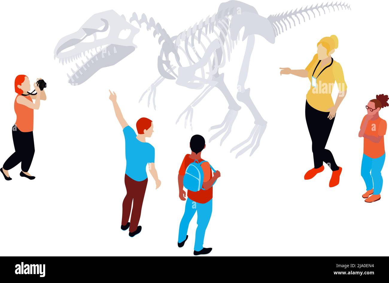 Le persone che osservano e scattano foto dello scheletro dei dinosauri durante l'escursione al museo con illustrazione isometrica del vettore Illustrazione Vettoriale