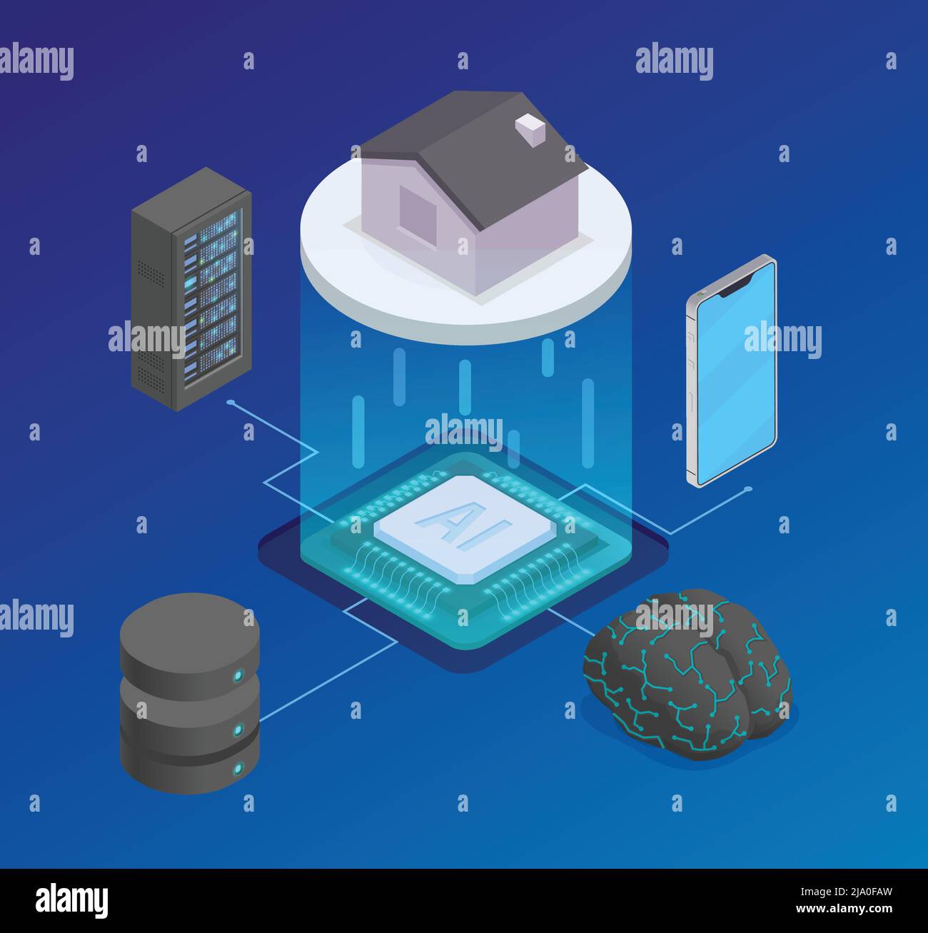 Composizione isometrica di intelligenza artificiale con diagramma di flusso di chip di silicio e. apparecchiatura server con smartphone e illustrazione vettoriale della casa Illustrazione Vettoriale