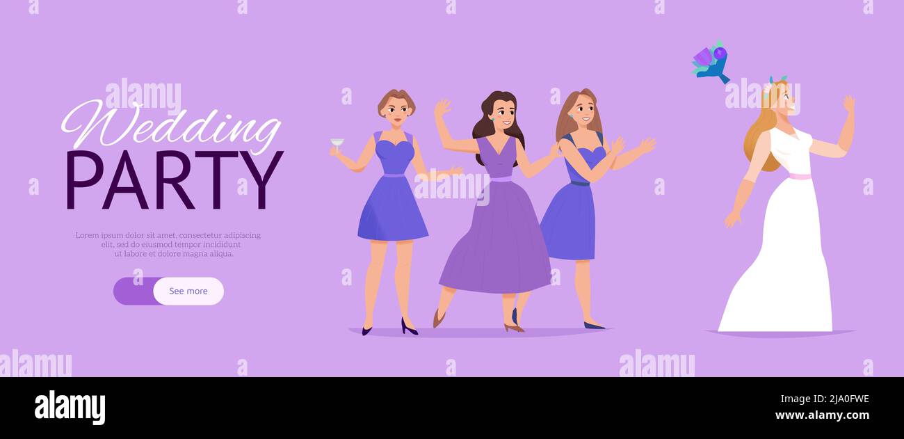 Web site di festa di nozze bandiera orizzontale di fotoricettore di sfondo lilla con il matrimonio cerimonia nuziale bouquet scena illustrazione vettoriale Illustrazione Vettoriale