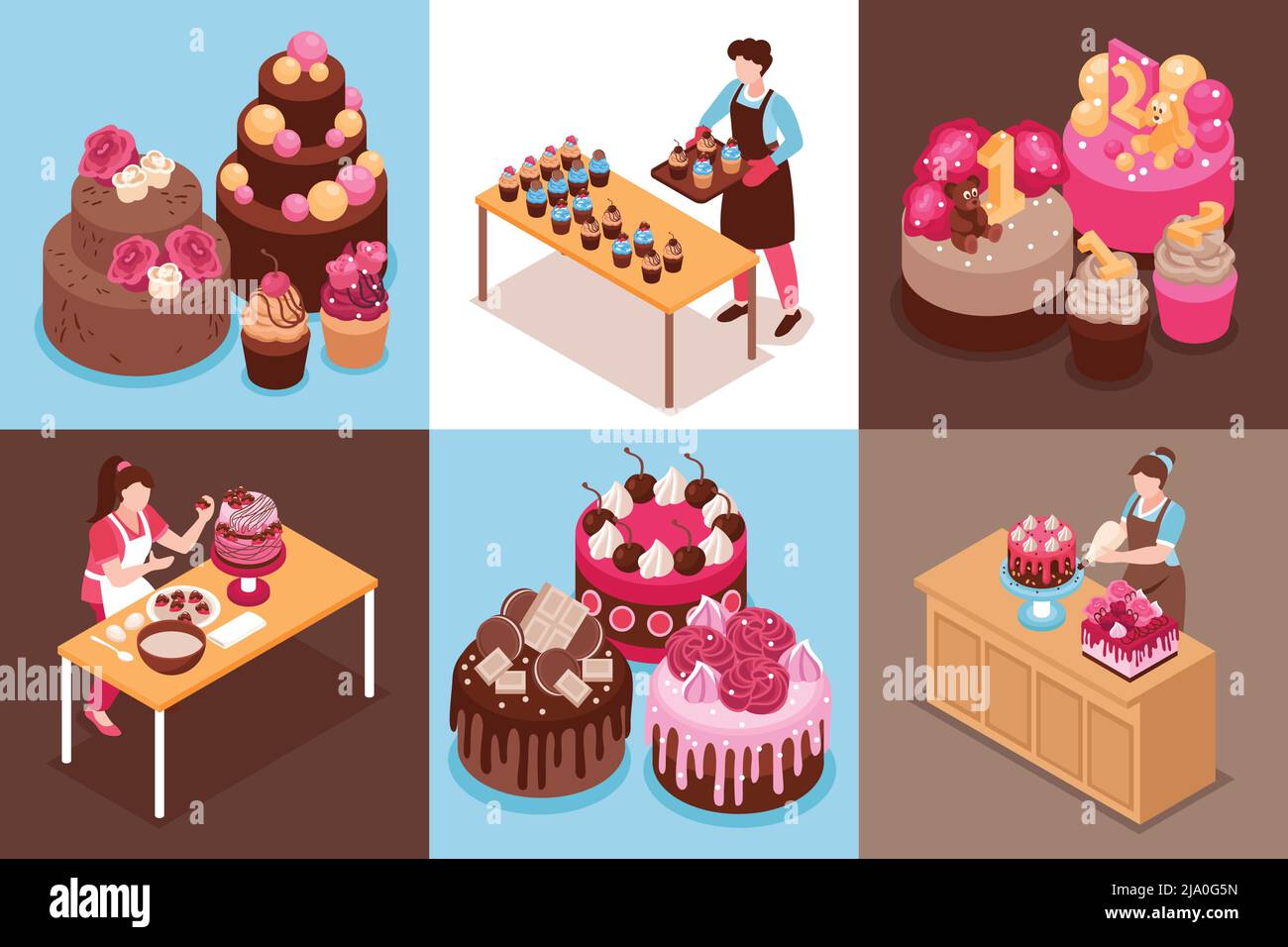 Set di concetto isometrico di torta fatta in casa con matrimonio moderno e. per i bambini torte e cupcakes illustrazione vettoriale Illustrazione Vettoriale