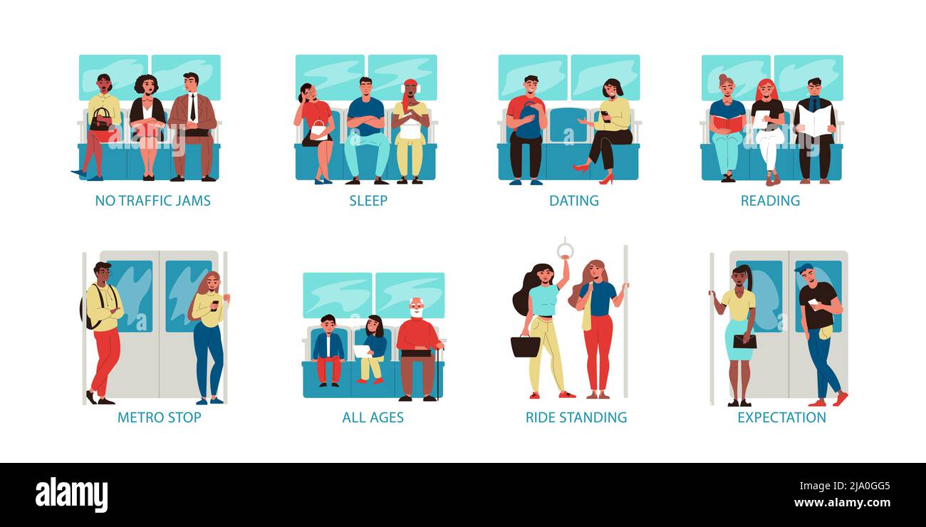 Set piatto di otto composizioni con i passeggeri che leggono dormire seduto in piedi datazione in treno della metropolitana isolato su sfondo bianco vettore illustratio Illustrazione Vettoriale