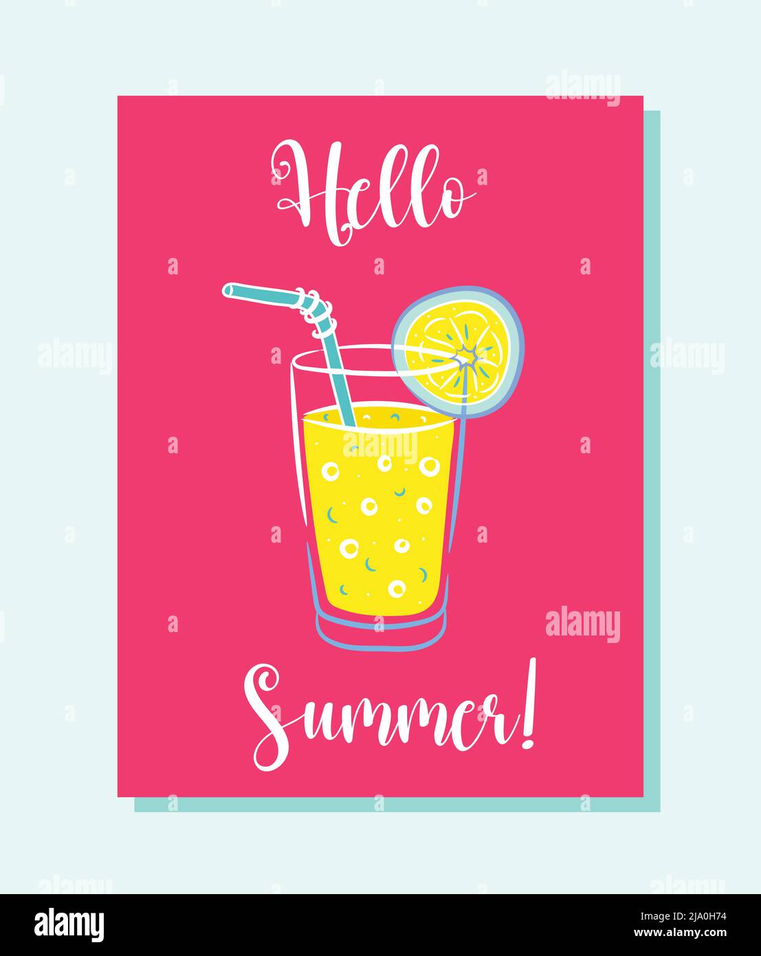 Sfondo vettoriale estivo brillante con vaso in vetro con limonata, bolla vocale e testo scritto a mano Ciao estate . Carta estate disegno a mano con fresco Illustrazione Vettoriale