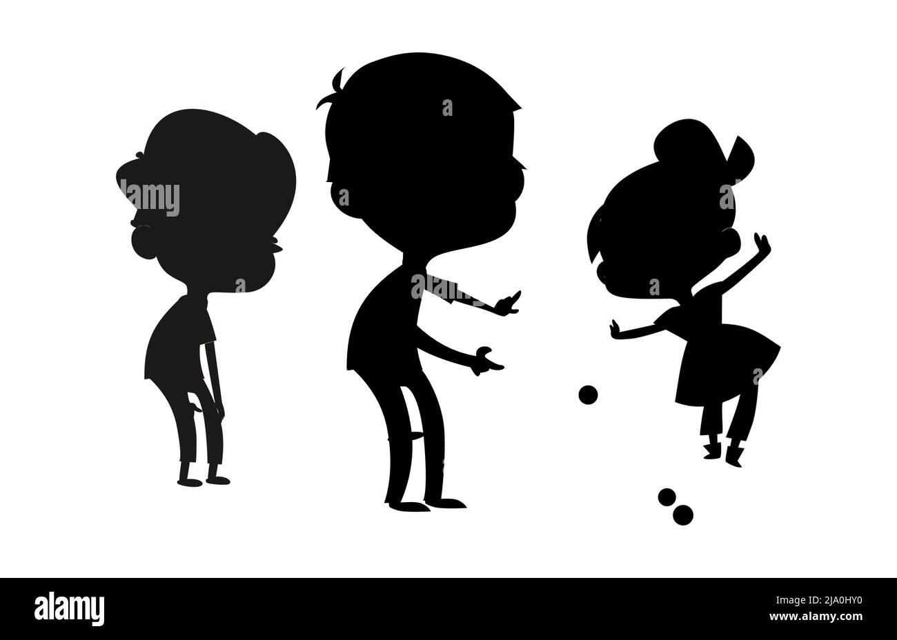 Silhouette nere di bambini piccoli che giocano un gioco con palle, due ragazzi e una ragazza cartoon personaggio Illustrazione Vettoriale