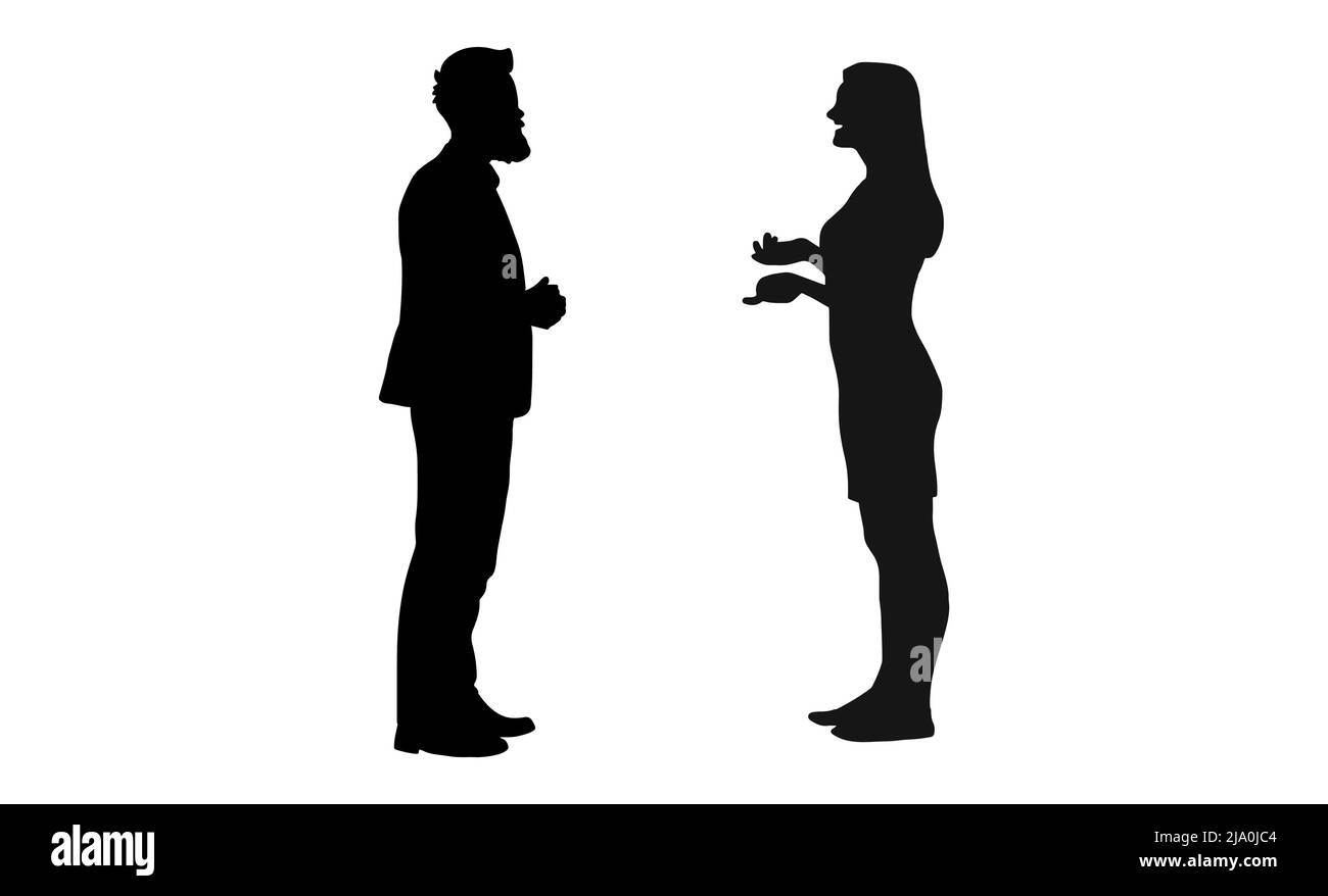 Silhouette nera di due dipendenti che discutono, uomo d'affari e donna d'affari conversazione Illustrazione Vettoriale