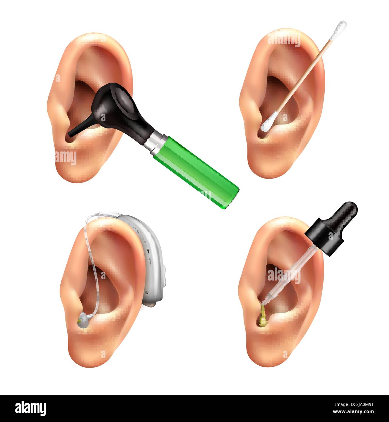 Apparecchi acustici Ear Care Set realistico con immagini isolate di orecchie umane con gocce e bastoni illustrazione vettoriale Illustrazione Vettoriale