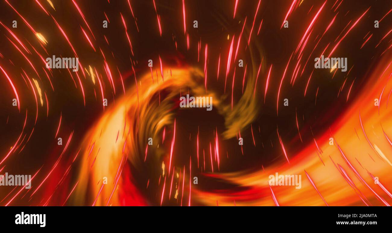 Immagine di luci e linee arancioni e rosse su sfondo nero Foto Stock