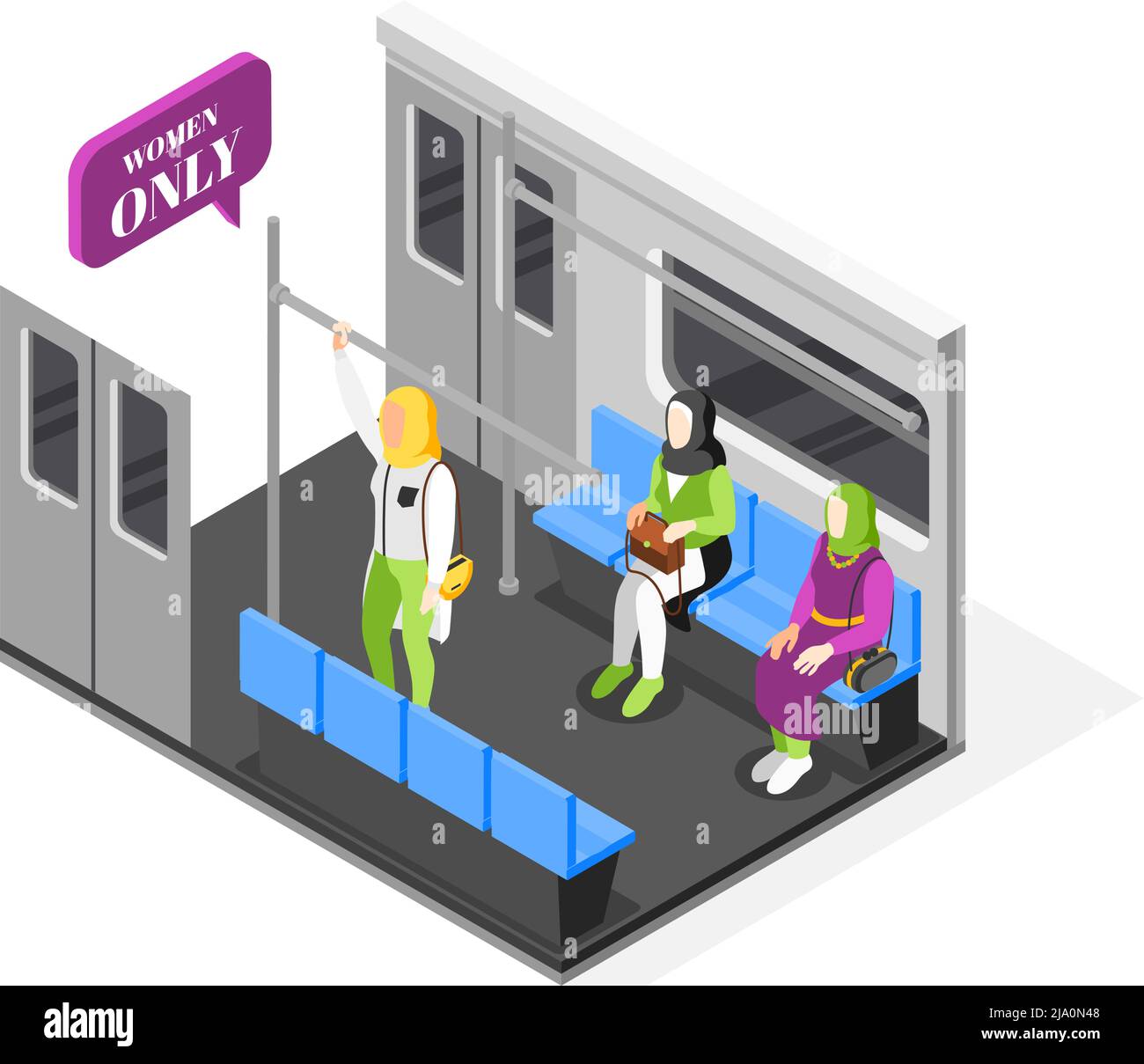 Donne solo composizione isometrica con caratteri arabi femmina che indossano hijab seduta in illustrazione vettoriale auto metropolitana Illustrazione Vettoriale