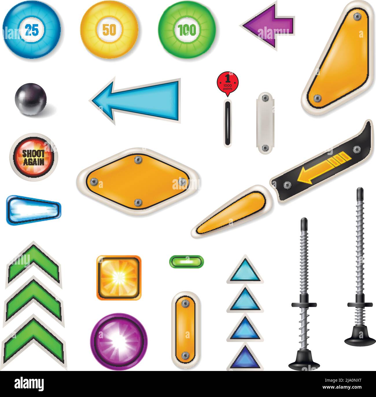 Flipper machine play field set realistico con pistone sfera in acciaio frecce incandescenti bumper bumper obiettivi illustrazione vettoriale Illustrazione Vettoriale