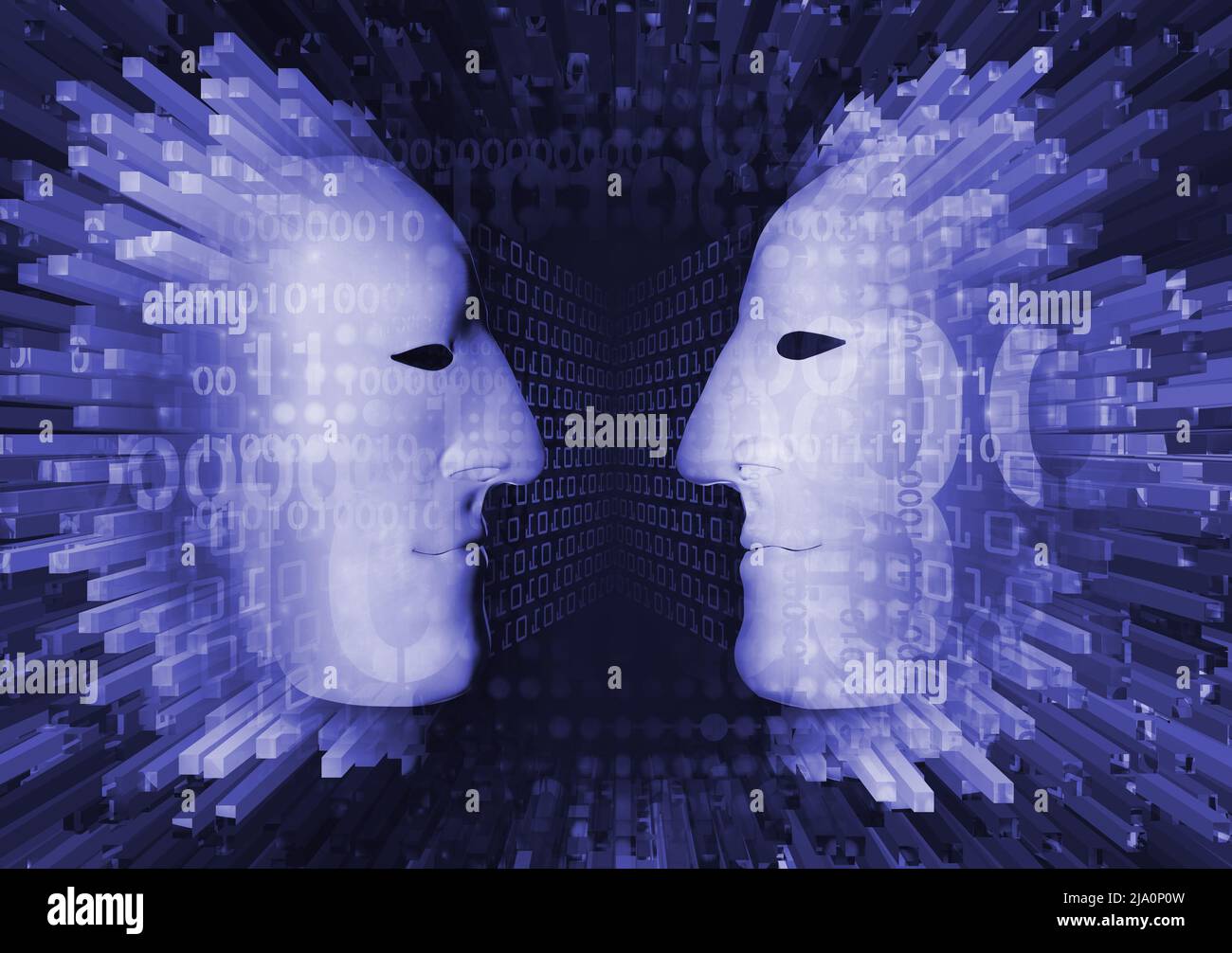 Due maschere anonime con codice binario. Due 3D facce stilizzate maschili che simboleggiano l'incontro di due persone sul cyberspazio, anonimato dialogo sociale rete. Foto Stock