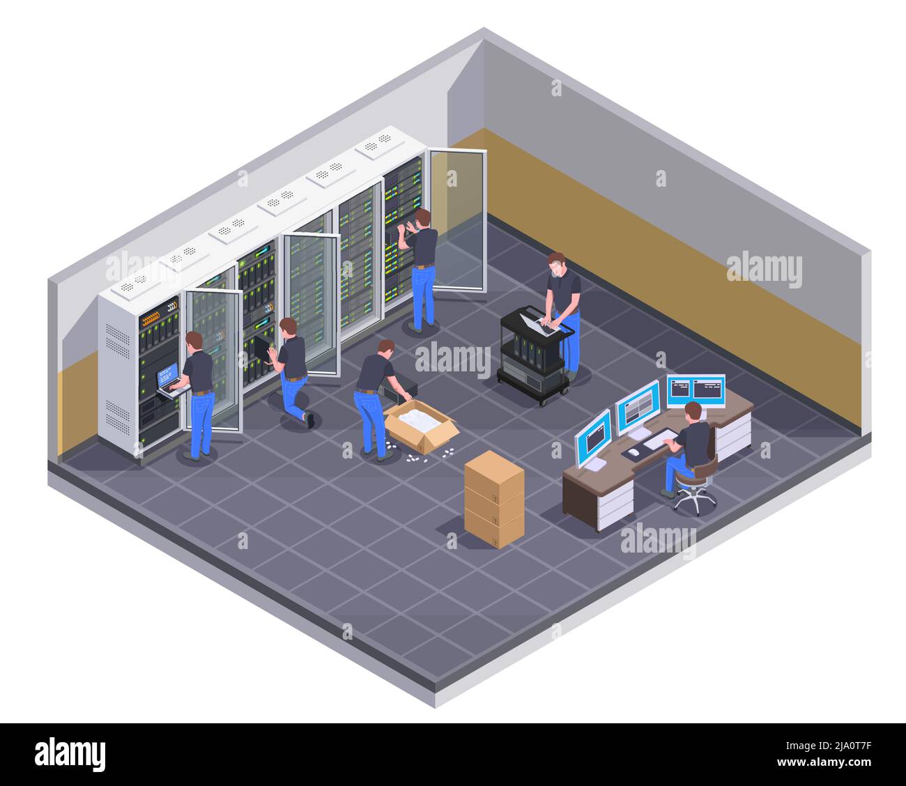 Vista isometrica della struttura del data center con il personale che controlla il server disimballaggio hardware apparecchiatura amministratore che controlla le operazioni vettore illustri Illustrazione Vettoriale