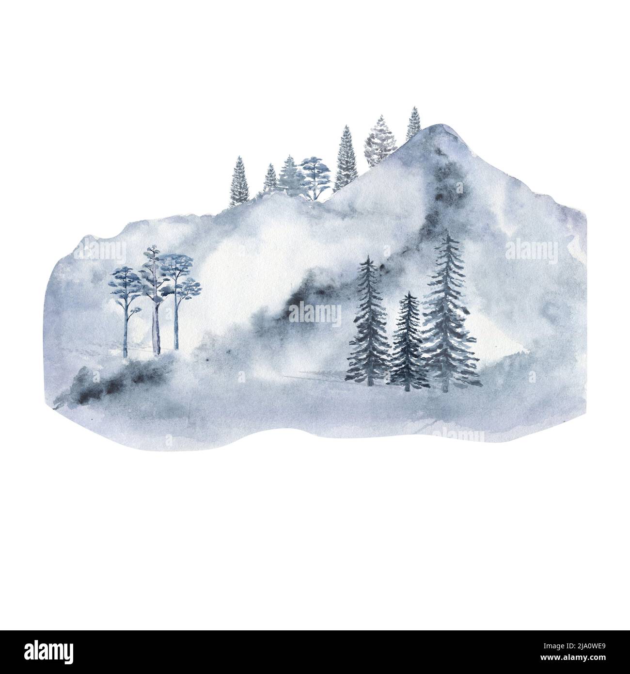 Inverno foresta e montagne, acquerello clipart su uno sfondo bianco. Illustrazione dell'acquerello Foto Stock