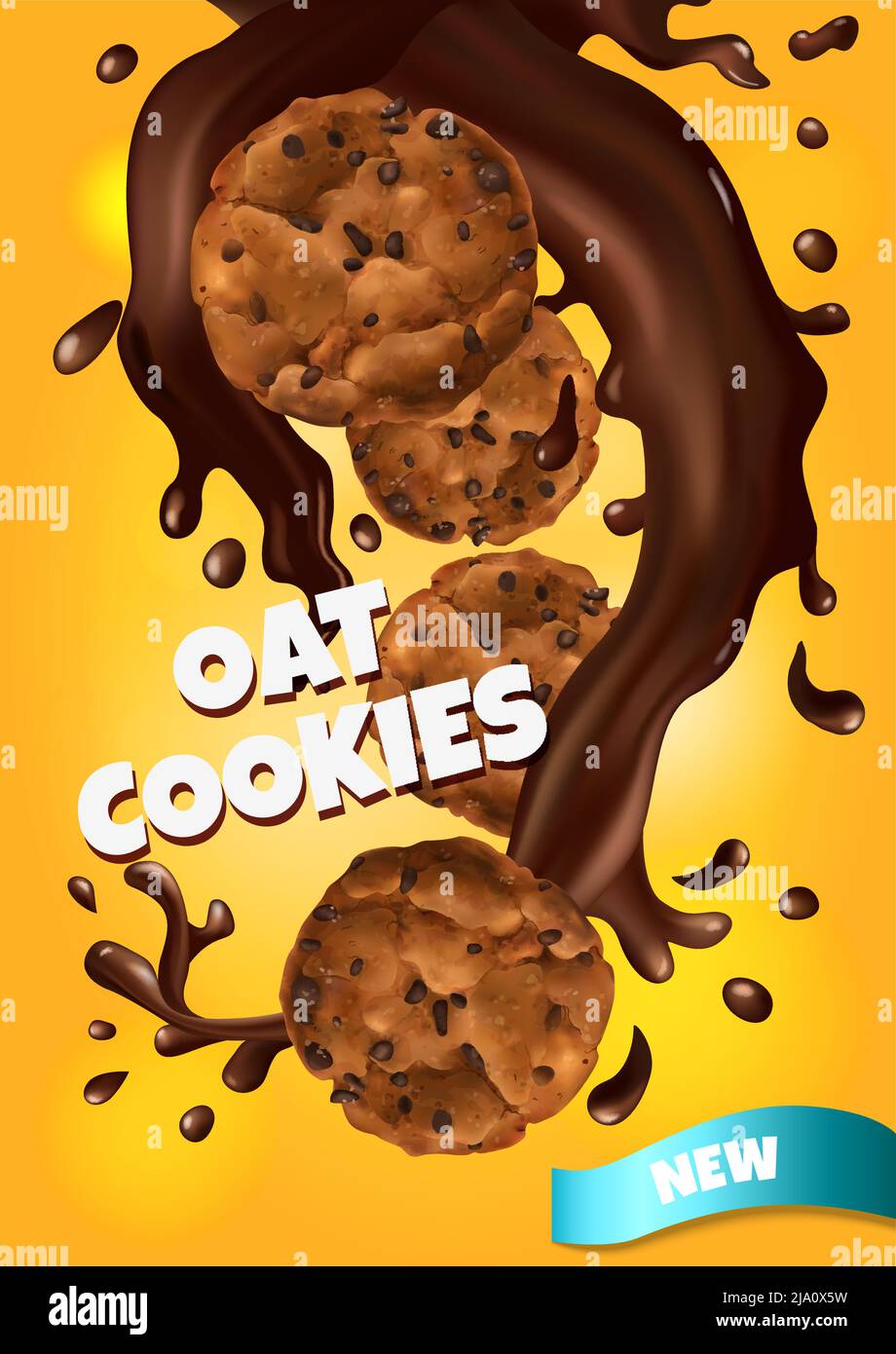 Poster realistico dei biscotti di avena con nuova illustrazione vettoriale dei simboli del gusto Illustrazione Vettoriale