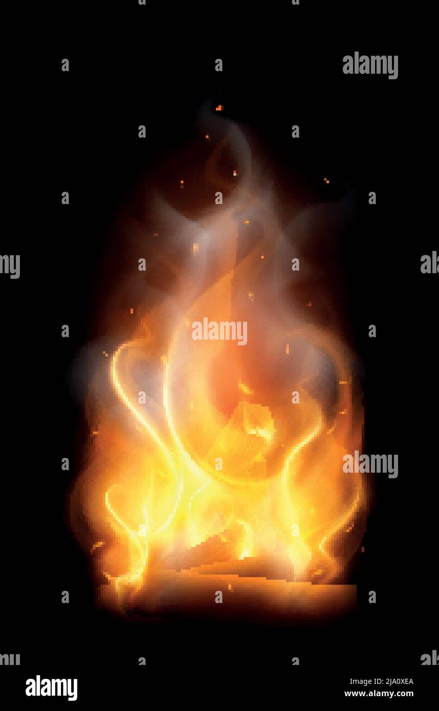 Campo fuoco fiamma composizione realistica con immagine verticale colorata di filo con fumo su sfondo nero illustrazione vettoriale Illustrazione Vettoriale
