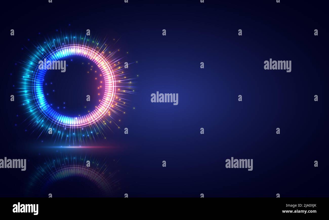 Cerchio HUD luminoso. Luce , raggio e anello di scintilla. Tunnel colorato. Bordo luminoso. Portale magico. Elettrone luminoso e vortice glint. Modello fuochi d'artificio Illustrazione Vettoriale