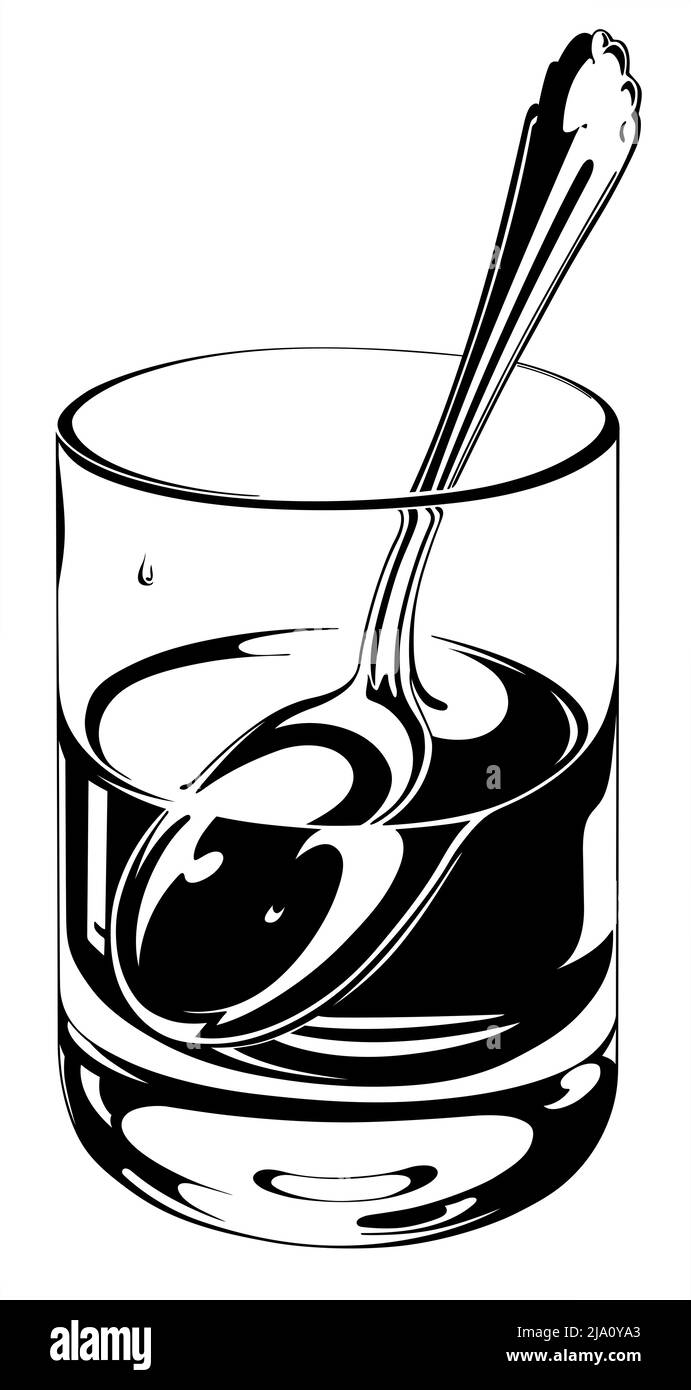 Illustrazione in bianco e nero che mostra un bicchiere da bere mezzo riempito con acqua e un cucchiaio all'interno Foto Stock