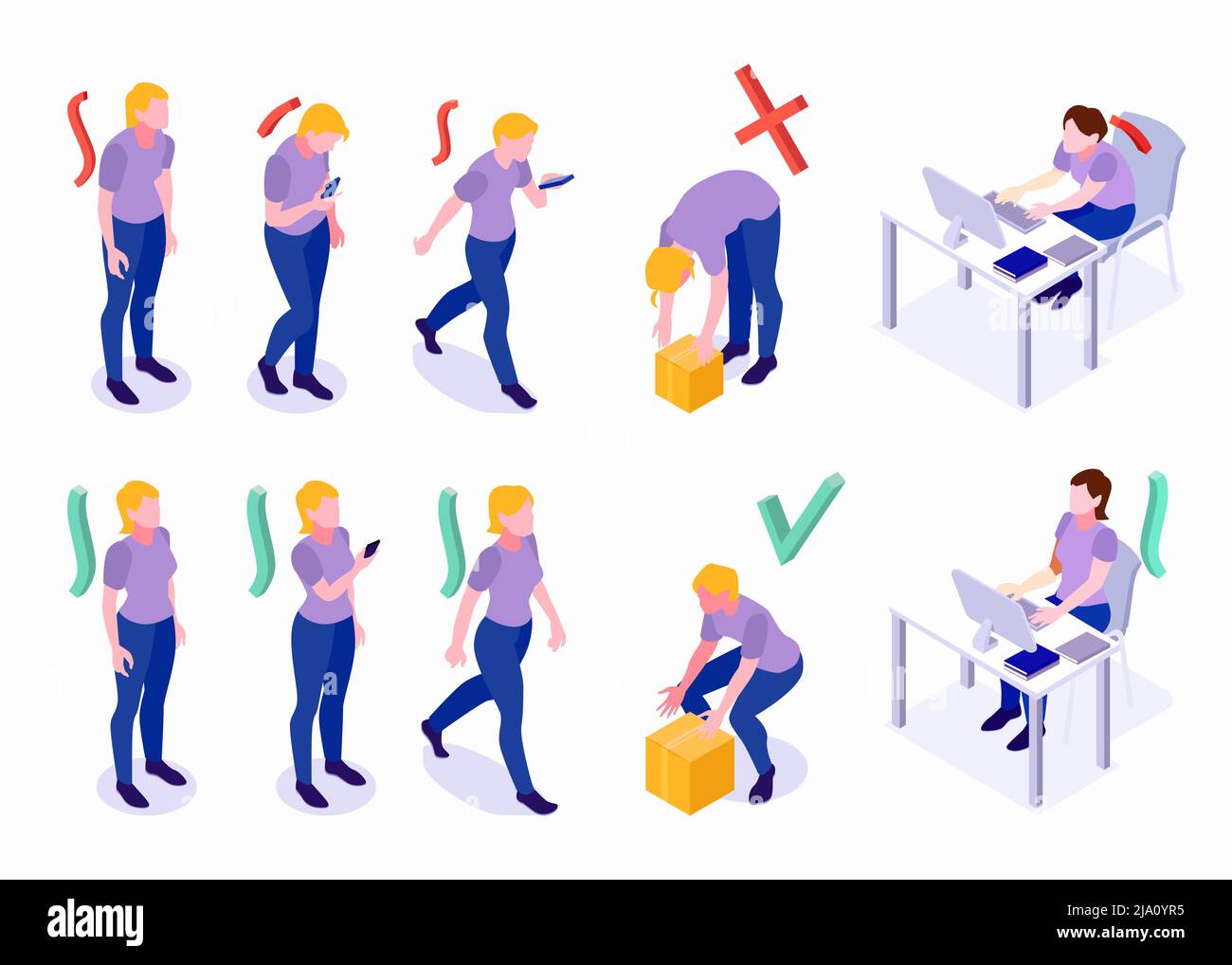 Posture della donna insieme isometrico con cattivo e buon piedi che si solleva seduta a computer posizioni illustrazione vettoriale Illustrazione Vettoriale