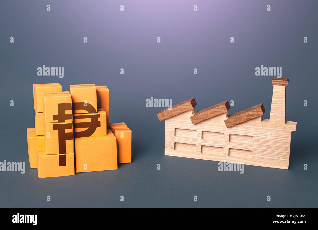 Fabbrica industriale e scatole di prodotti in peso filippino. Economia nazionale, produzione nazionale di beni. Trasporto logistico. Assistenza ai produttori. IO Foto Stock