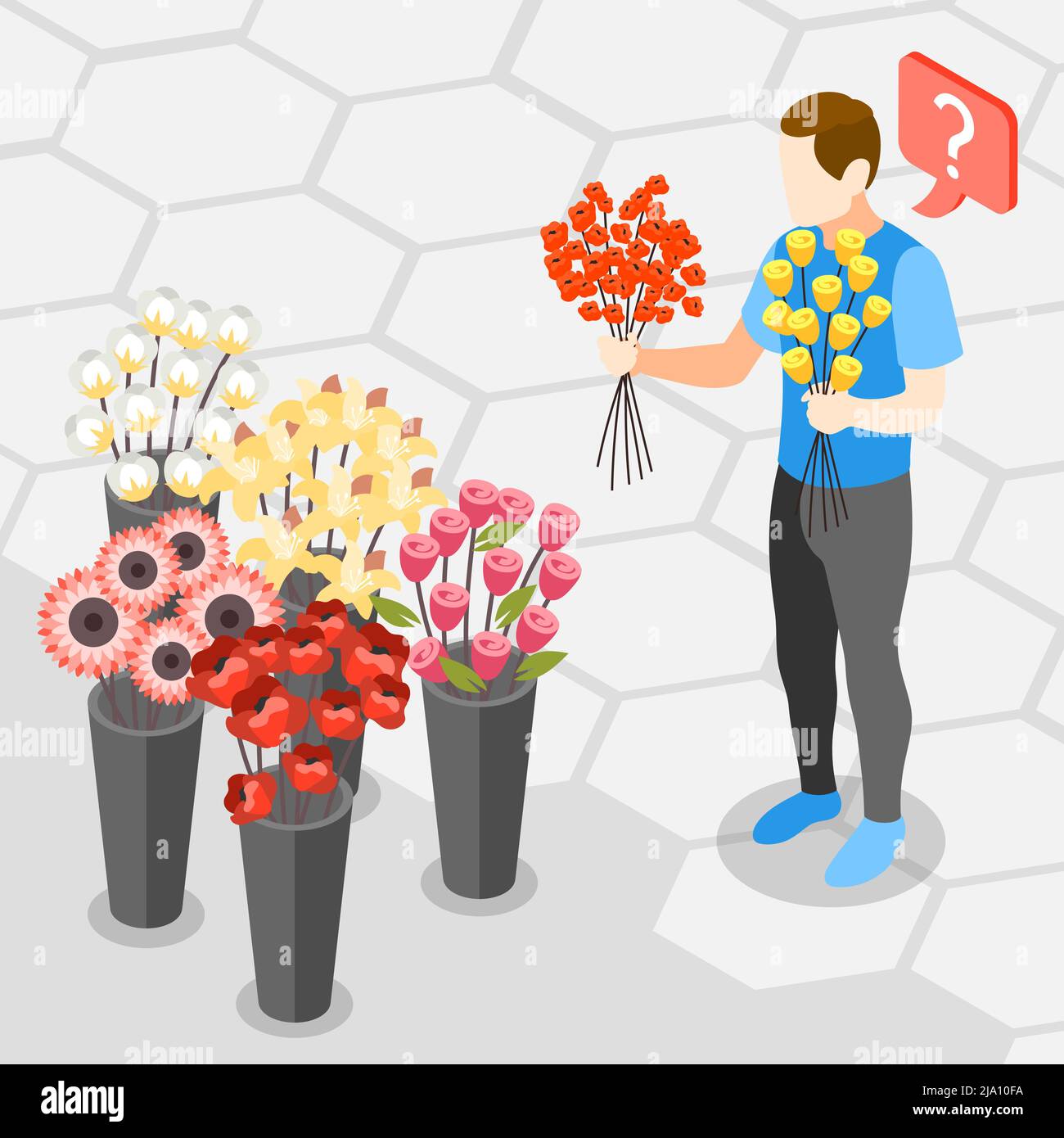 Uomini problemi di scelta di fiori destra dimensione colore forma del bouquet per la presente composizione isometrica di sfondo illustrazione vettoriale Illustrazione Vettoriale