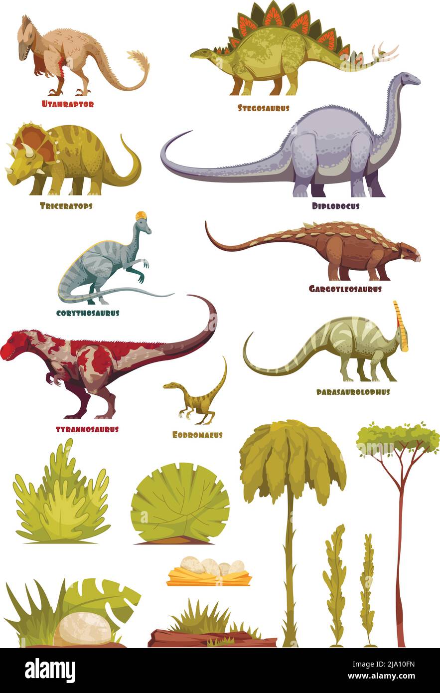 Diversi tipi di dinosauri in stile cartoon con nome di classe e flora elementi del paesaggio isolato illustrazione vettoriale Illustrazione Vettoriale