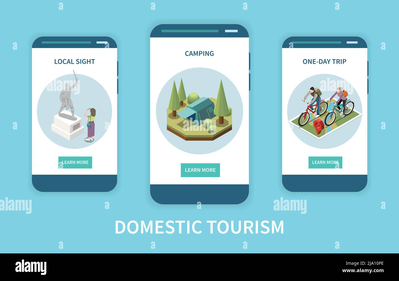 Turismo domestico banner isometrici verticali insieme con campeggio vista locale e persone che prendono viaggio in bicicletta 3d illustrazione vettoriale isolata Illustrazione Vettoriale