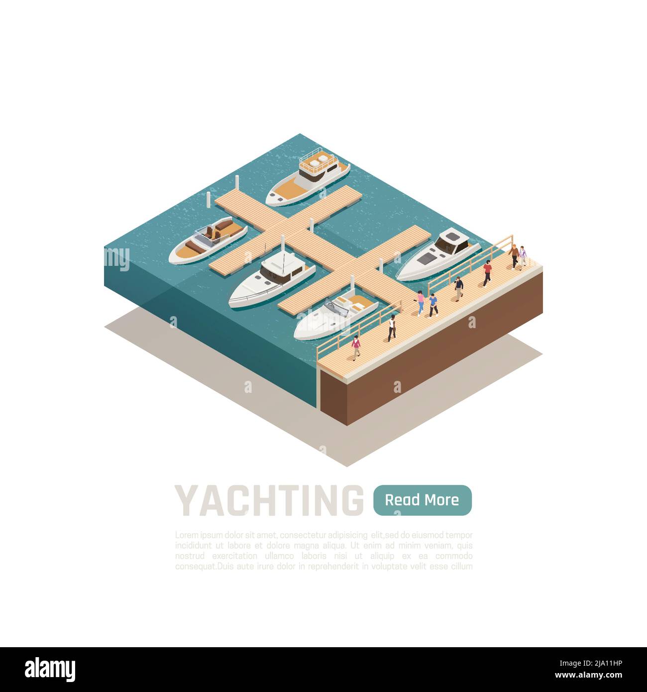 Composizione colorata isometrica Yachting con cinque diverse imbarcazioni e verde per saperne di più illustrazione vettoriale pulsante Illustrazione Vettoriale