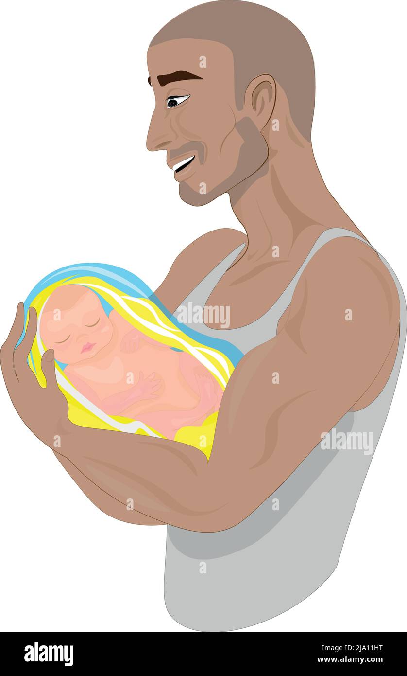 Illustrazione di un padre felice con un bambino. Il papà felice tiene il suo neonato tra le braccia. I suoi occhi sono in lacrime di felicità. Buon giorno del Padre. Regno Unito Illustrazione Vettoriale