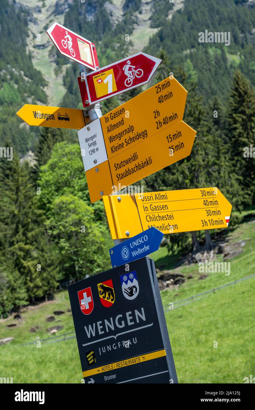 Segnaletica per sentieri escursionistici, Wengen, Canton Berna, Svizzera Foto Stock