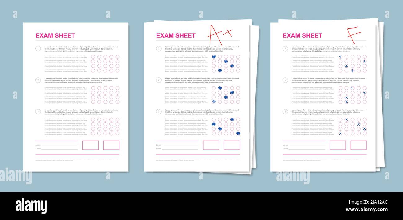 Modello dei fogli di esame 3 pile realistiche di pagine di prova con risposte a scelta multipla esempi di illustrazione vettoriale di sfondo blu Illustrazione Vettoriale