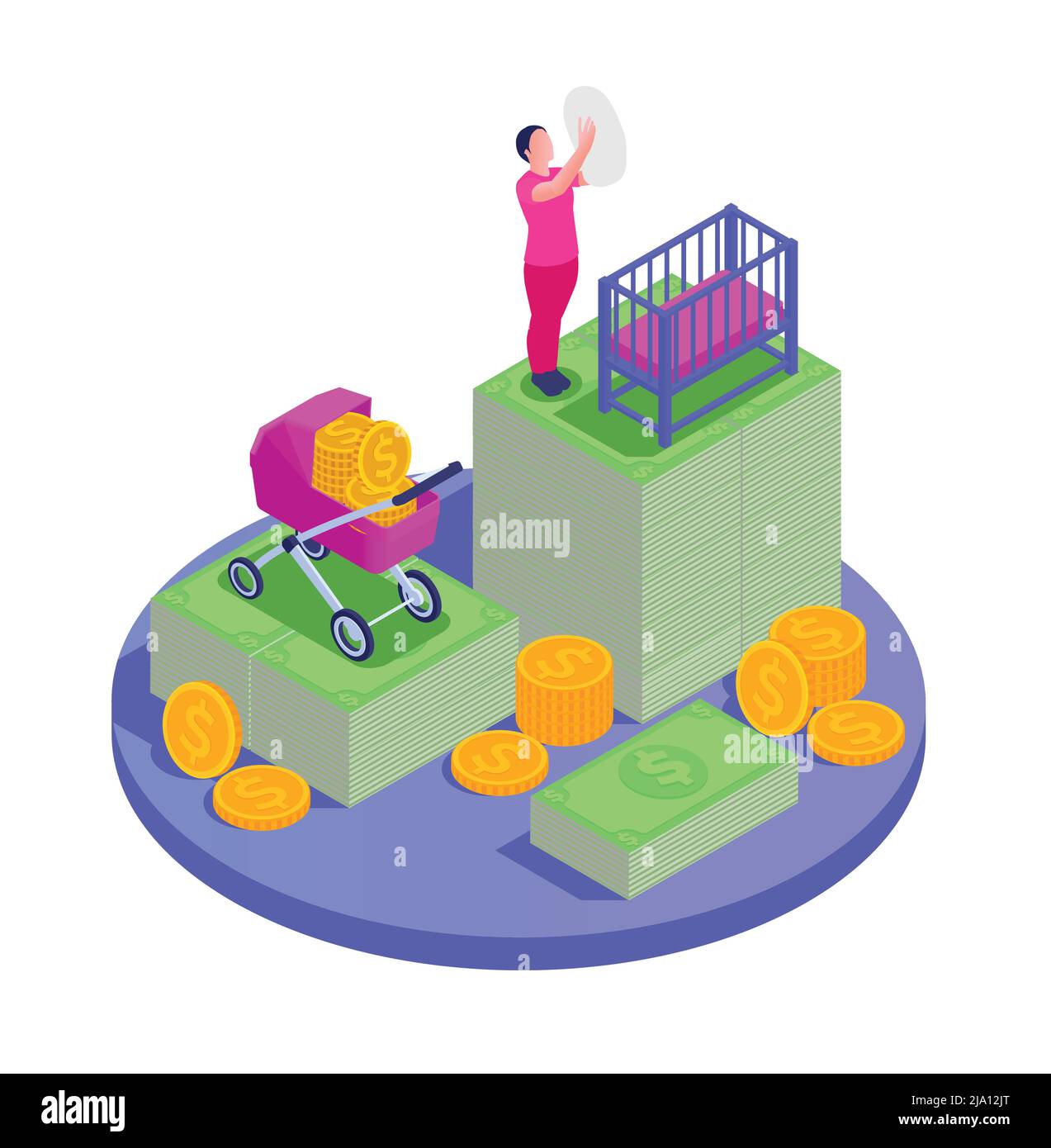 Previdenza sociale disoccupazione assegni familiari composizione isometrica con piattaforma circolare madre con bambino e denaro icone illustrazione vettoriale Illustrazione Vettoriale